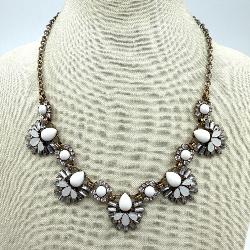 White Rhinestone Floral Bib Necklace Antique Gold Tone Boho Statement Gift